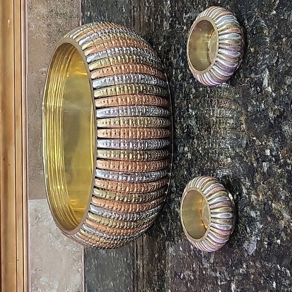 Set of 3 Brass & Copper Spiral Design Round Tray Bowl Decorative